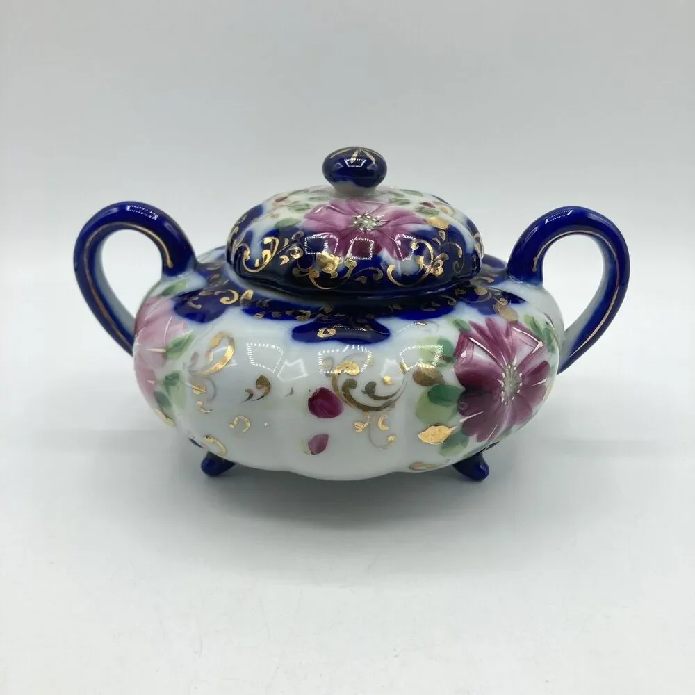 Antique Nippon Flow Blue Floral Creamer & Lidded Sugar Bowl Set Melon Gold Gilt